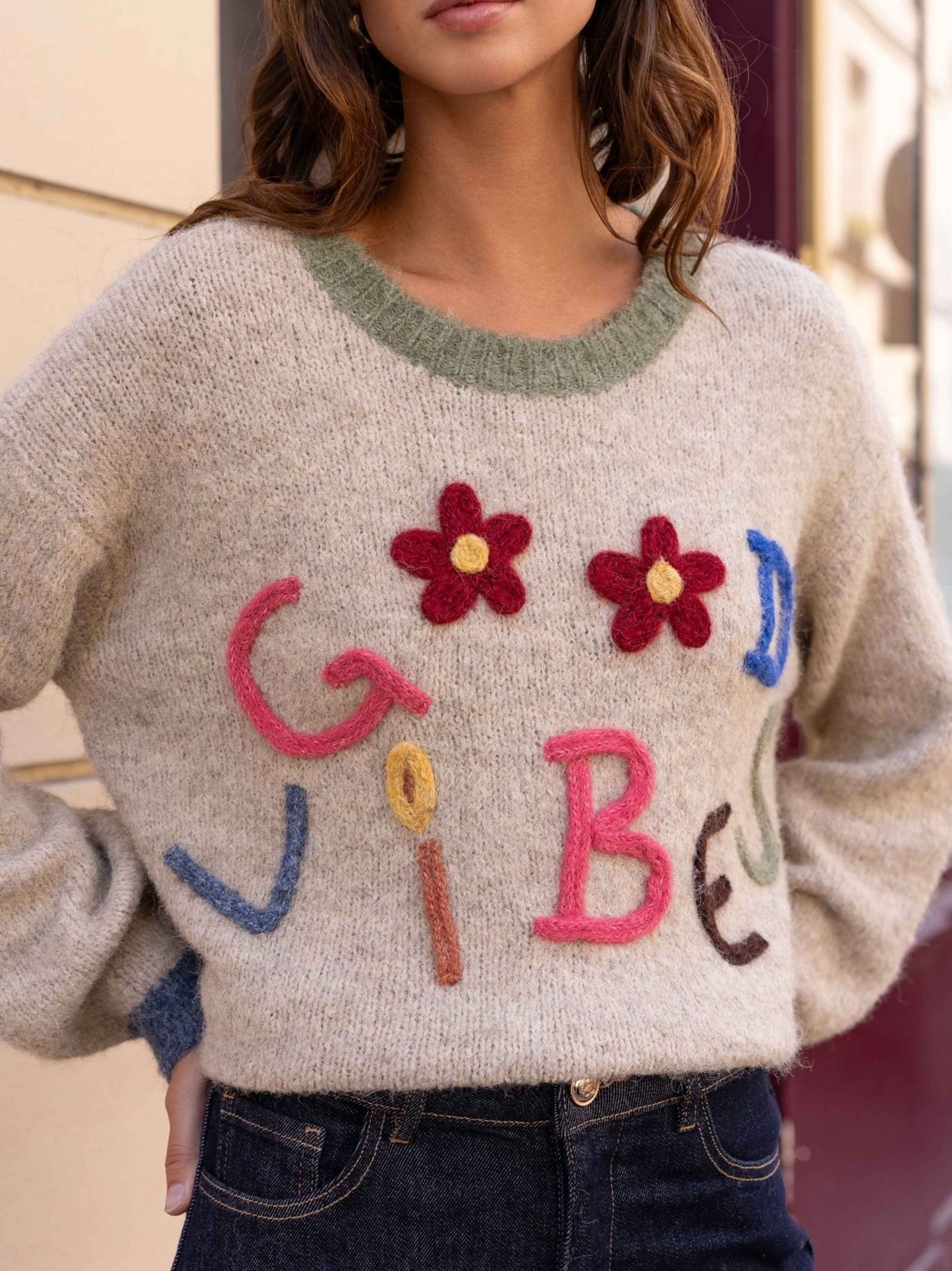 Pull IVAN "Good Vibes" taupe