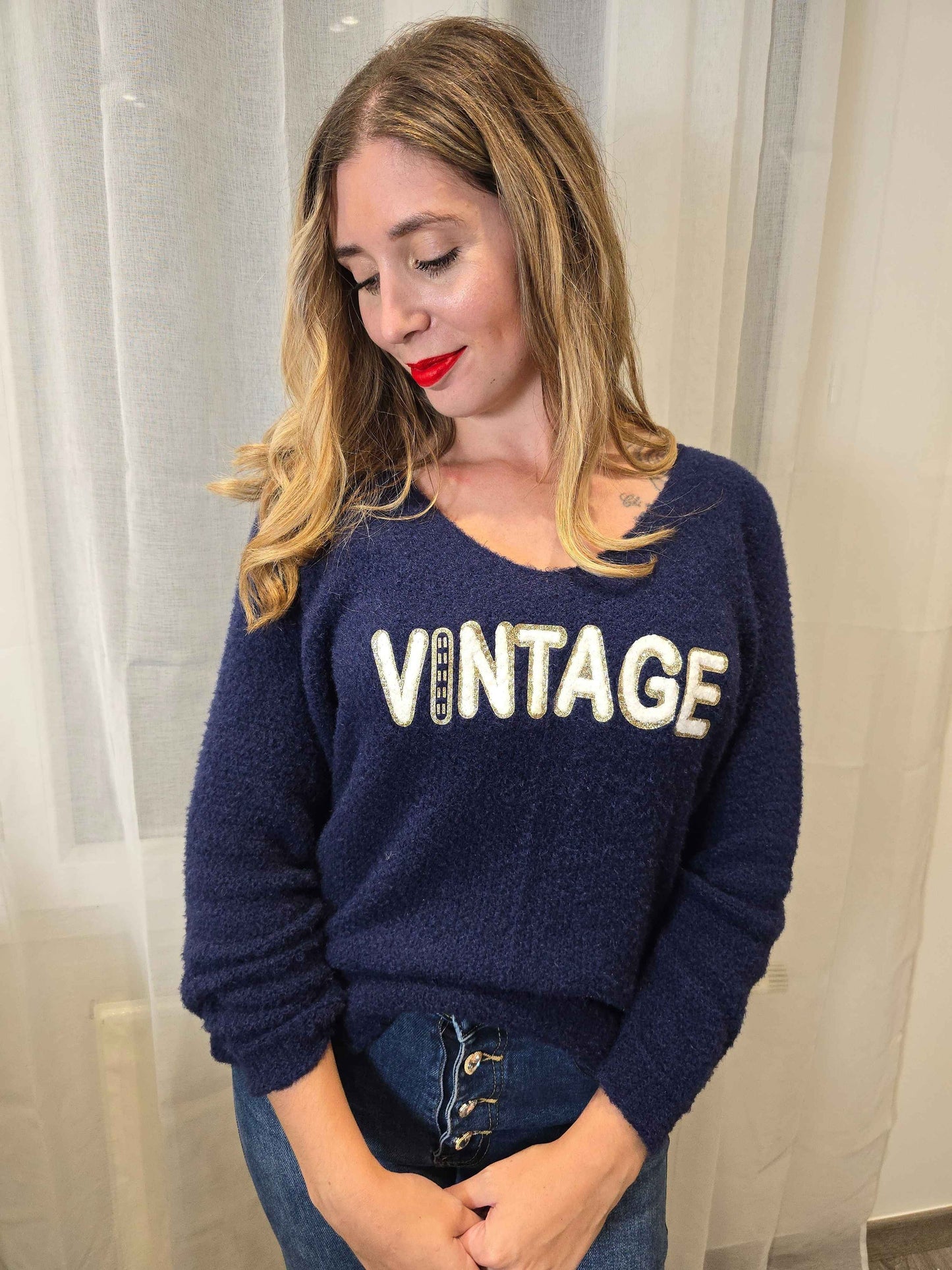 Pull VINTAGE bleu marine