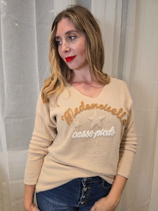 Pull ESTEBAN "Melle casse pieds" beige