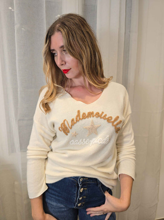 Pull ESTEBAN "Melle casse pieds" blanc